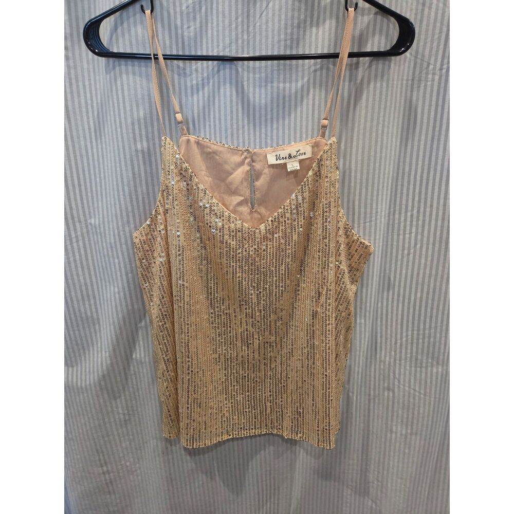 Vine & Love Gold Sequin Cami Tank Top Large V Neck Holiday NYE Sparkly Glam